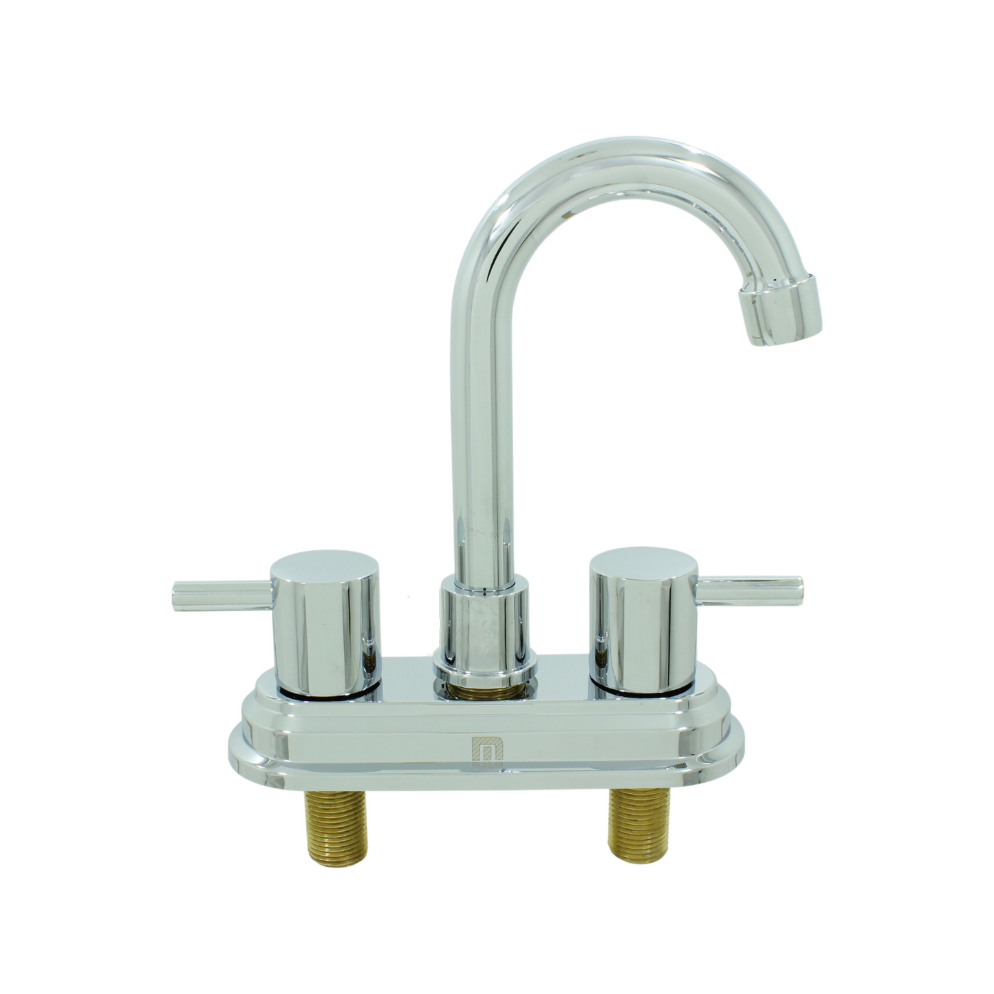 Grifo mezclador cromado para lavabo, diseño bimando con manijas de palanca y caño alto curvado.