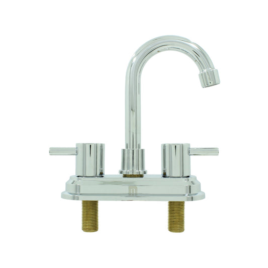 Mezcladora para lavabo cromada, bimando, con manijas de palanca y cuello alto curvo para baño