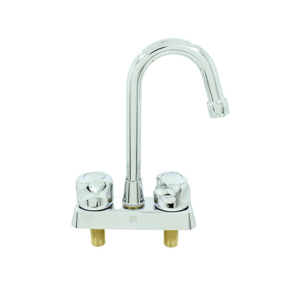 Mezcladora cromada para lavabo con doble maneral redondo y caño alto cuello de ganso