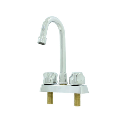 Mezcladora de lavabo cromada con cuello de ganso, dos manerales y montaje en cubierta para baño.