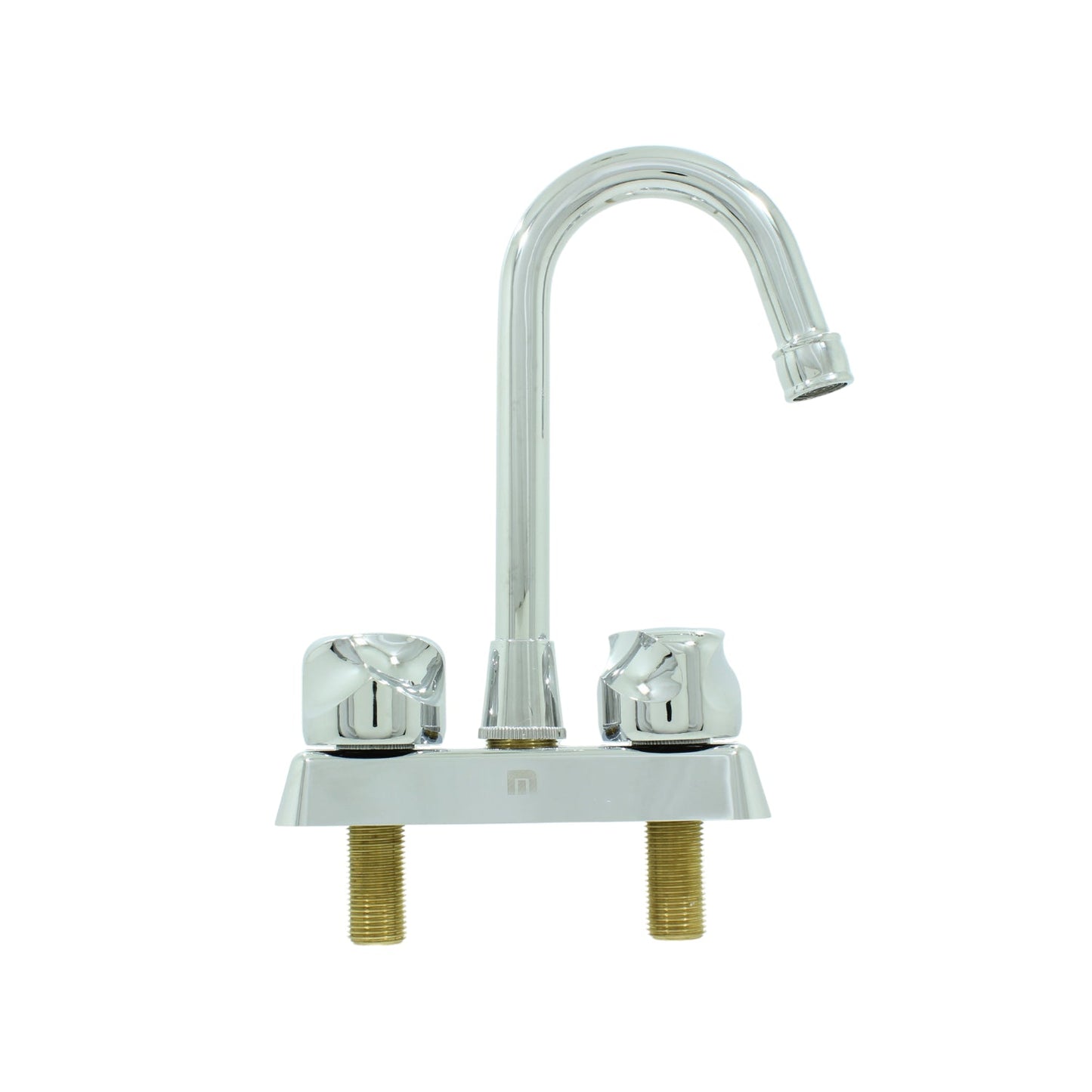 Mezcladora de lavabo cromada con dos manijas, pico de cuello de ganso y conexiones de latón.