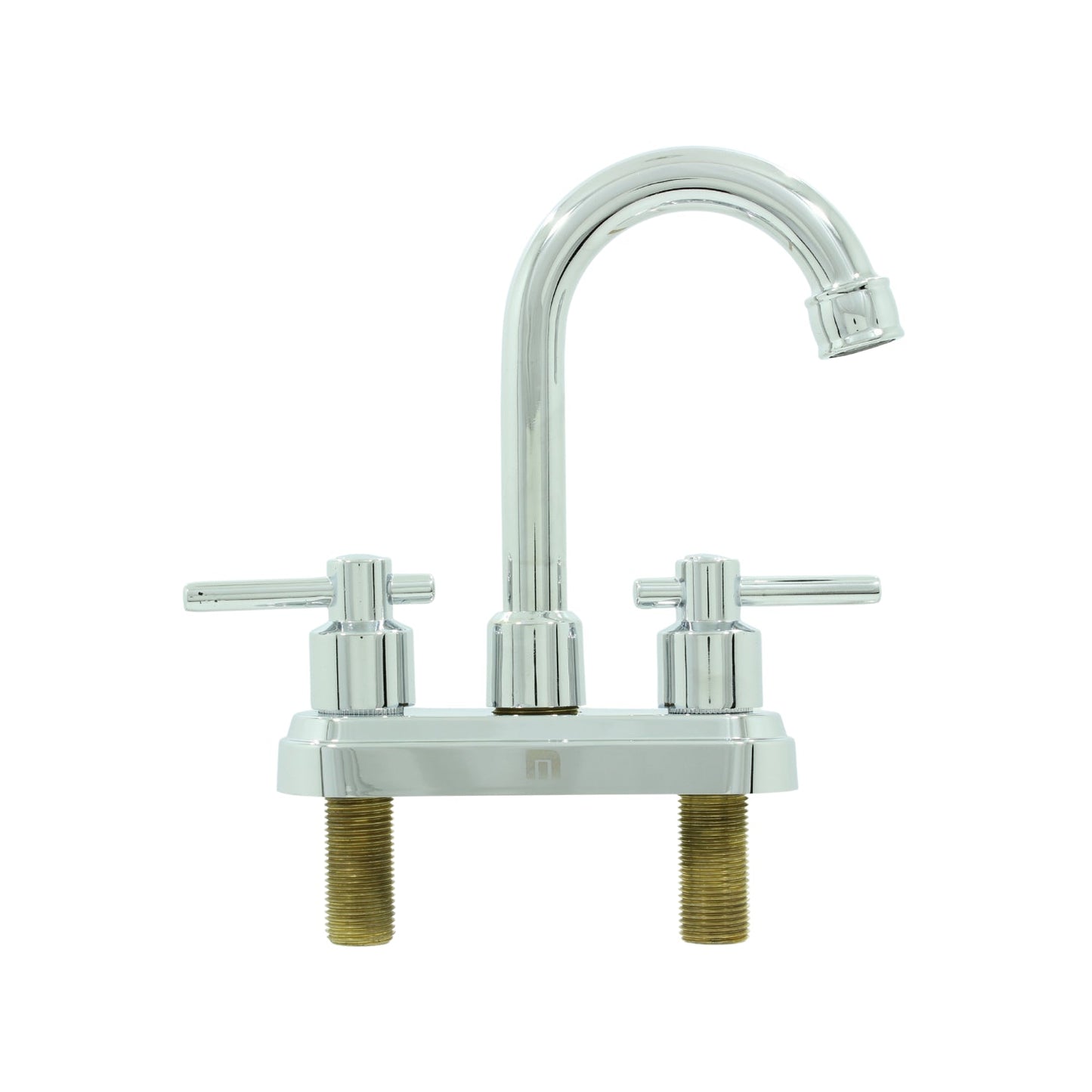 Mezcladora de lavabo cromada, doble maneral tipo cruz, pico de ganso, para instalación de 2 orificios.