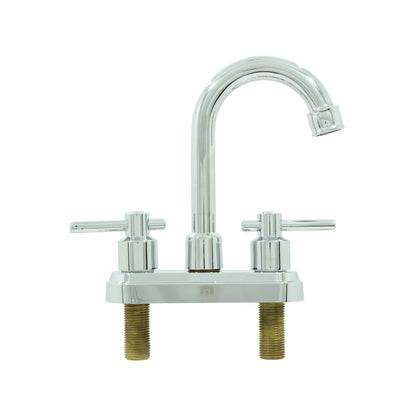 Mezcladora de lavabo cromada, doble maneral tipo cruz, pico de ganso, para instalación de 2 orificios.