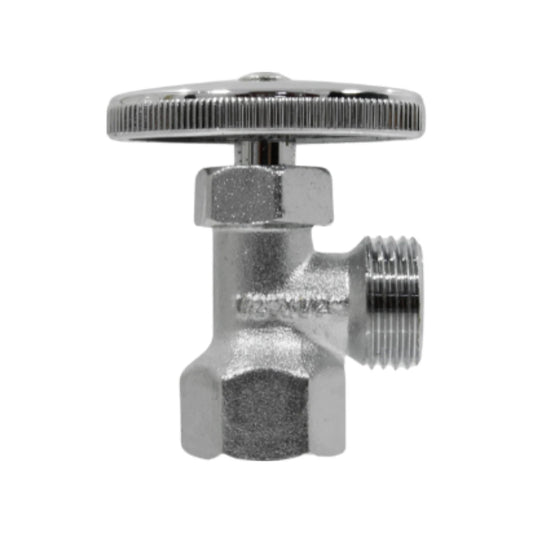 Llave angular de rosca 1/2 pulgada cromada con manija estriada para control de agua.