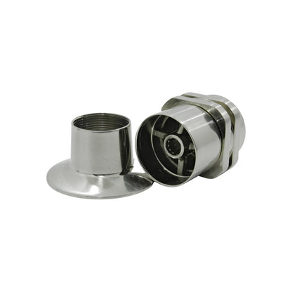 Dos piezas de unión metálicas satinadas: conector cilíndrico roscado y acople con orificio central estriado.