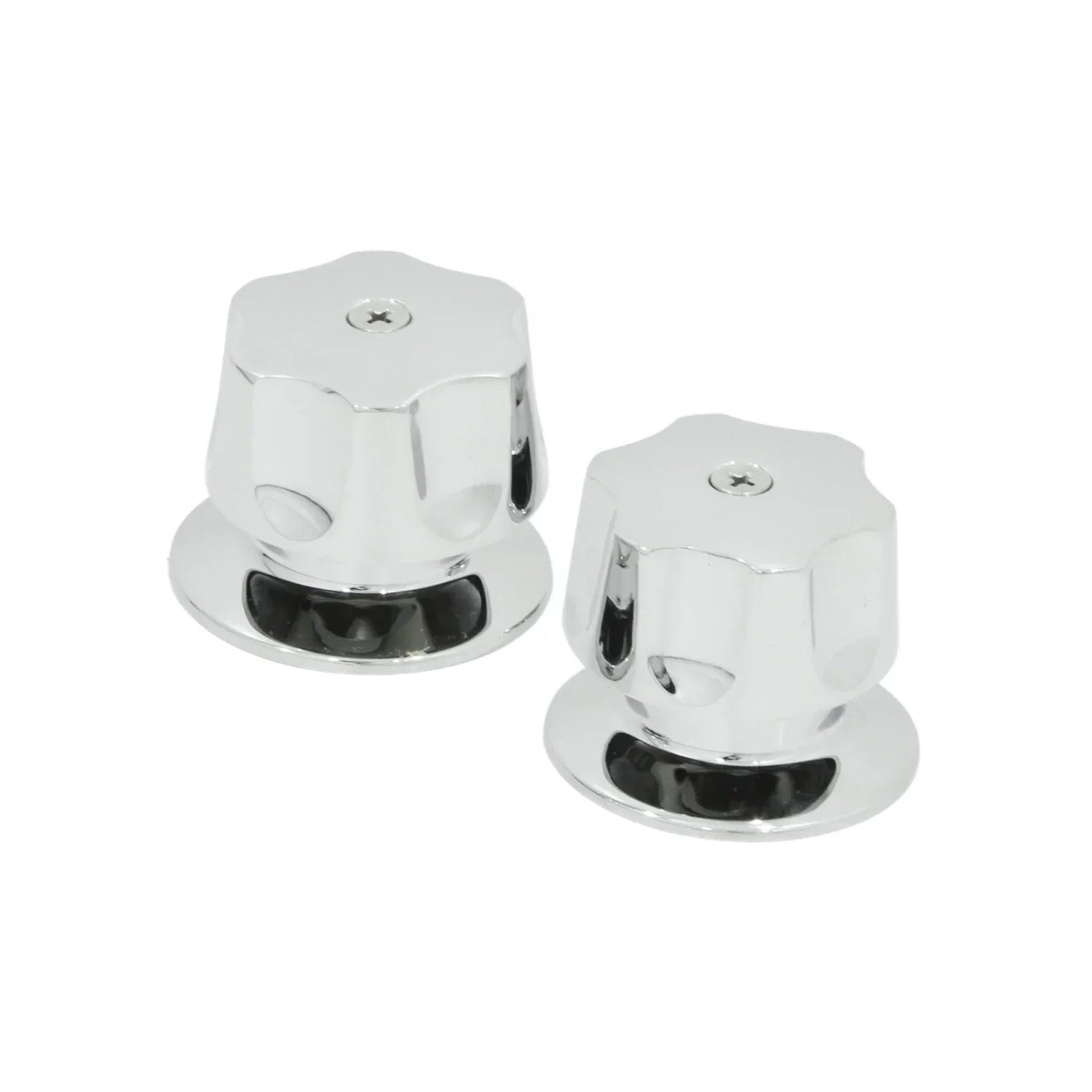 Par de manerales cromados brillantes para grifo de regadera o lavabo, diseño hexagonal con tornillo superior.