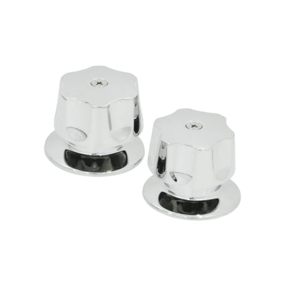 Par de manerales cromados brillantes para grifo de regadera o lavabo, diseño hexagonal con tornillo superior.