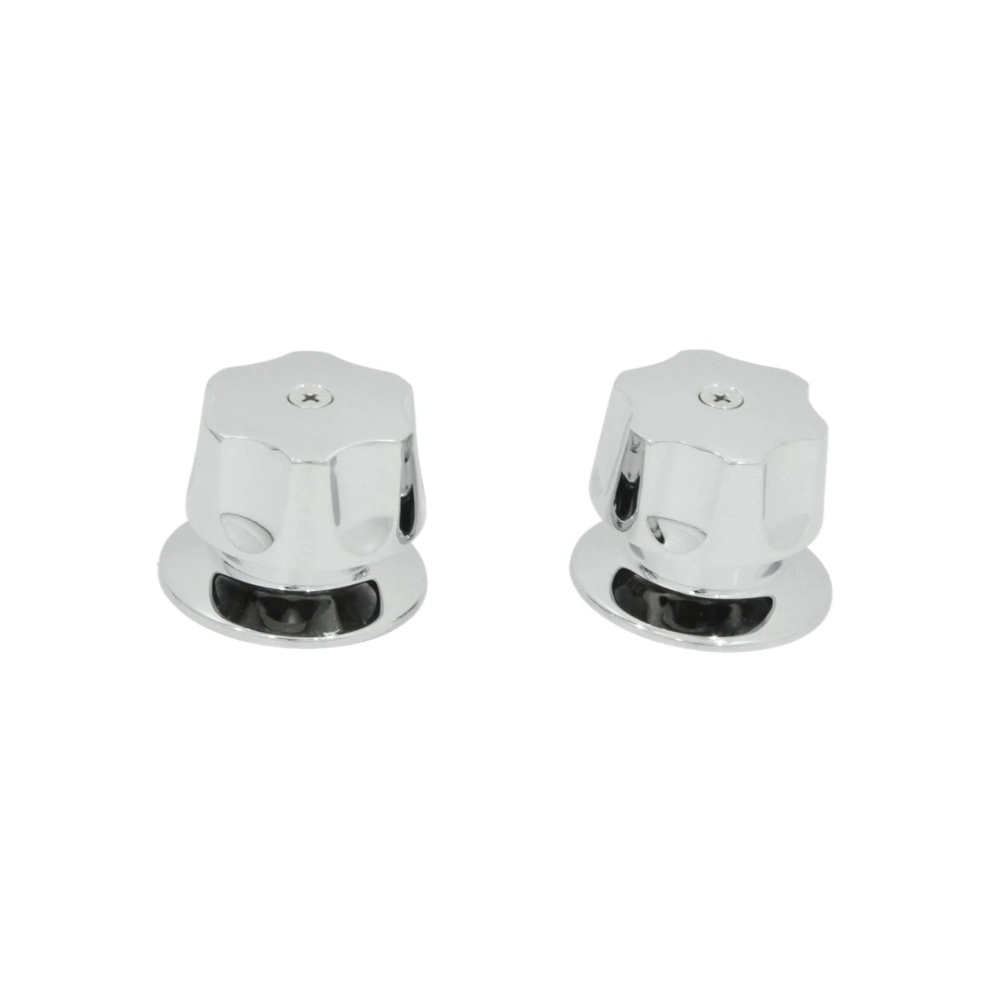 Par de manerales cromados para regadera o grifo de baño, acabado brillante y diseño hexagonal.