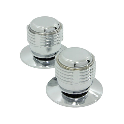 Par de manerales cromados para regadera, perillas de control de agua con diseño acanalado.