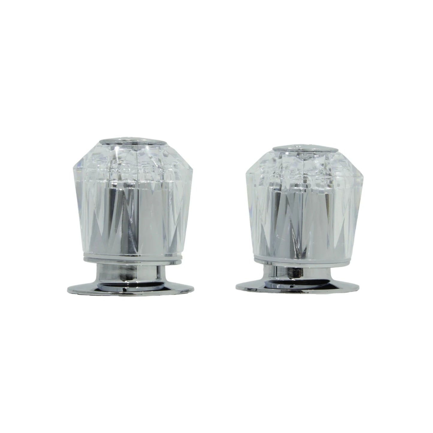 Par de manerales acrílicos transparentes para grifo de regadera, diseño cristalino, con bases cromadas.