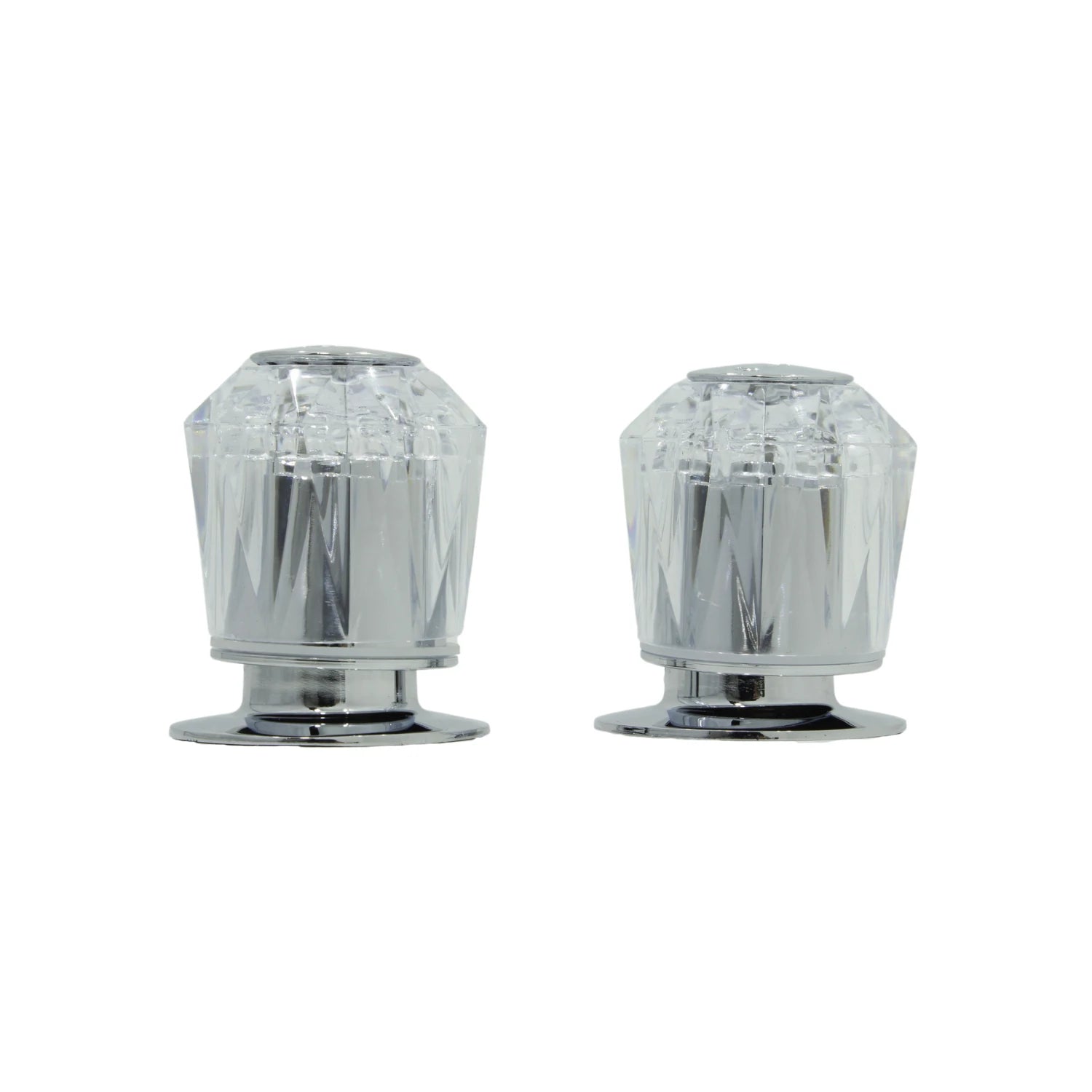 Par de manerales acrílicos transparentes para grifo de regadera, diseño cristalino, con bases cromadas.