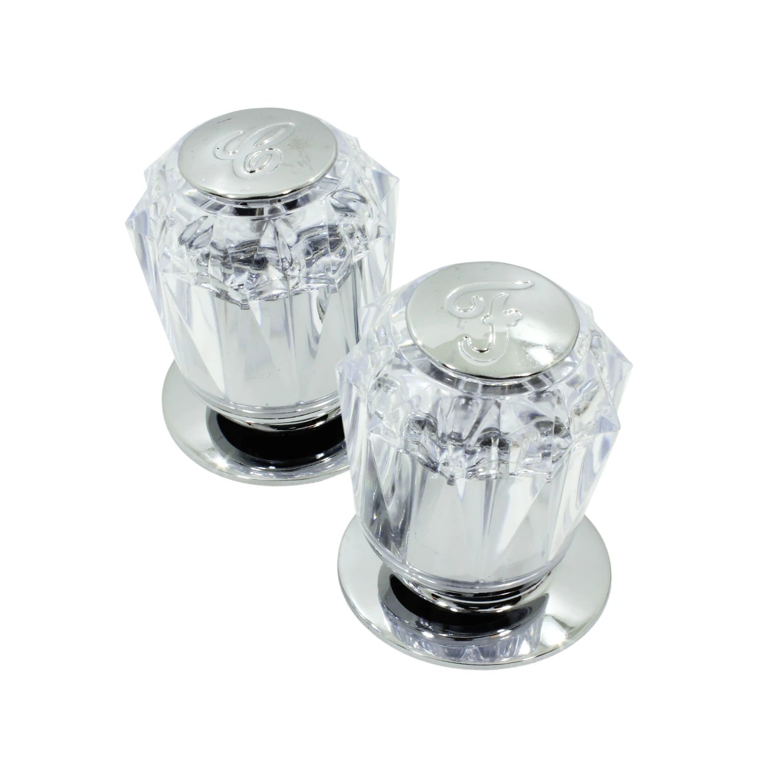Par de manerales acrílico cristal para regadera, con detalles cromados e indicadores C y F para agua fría y caliente.