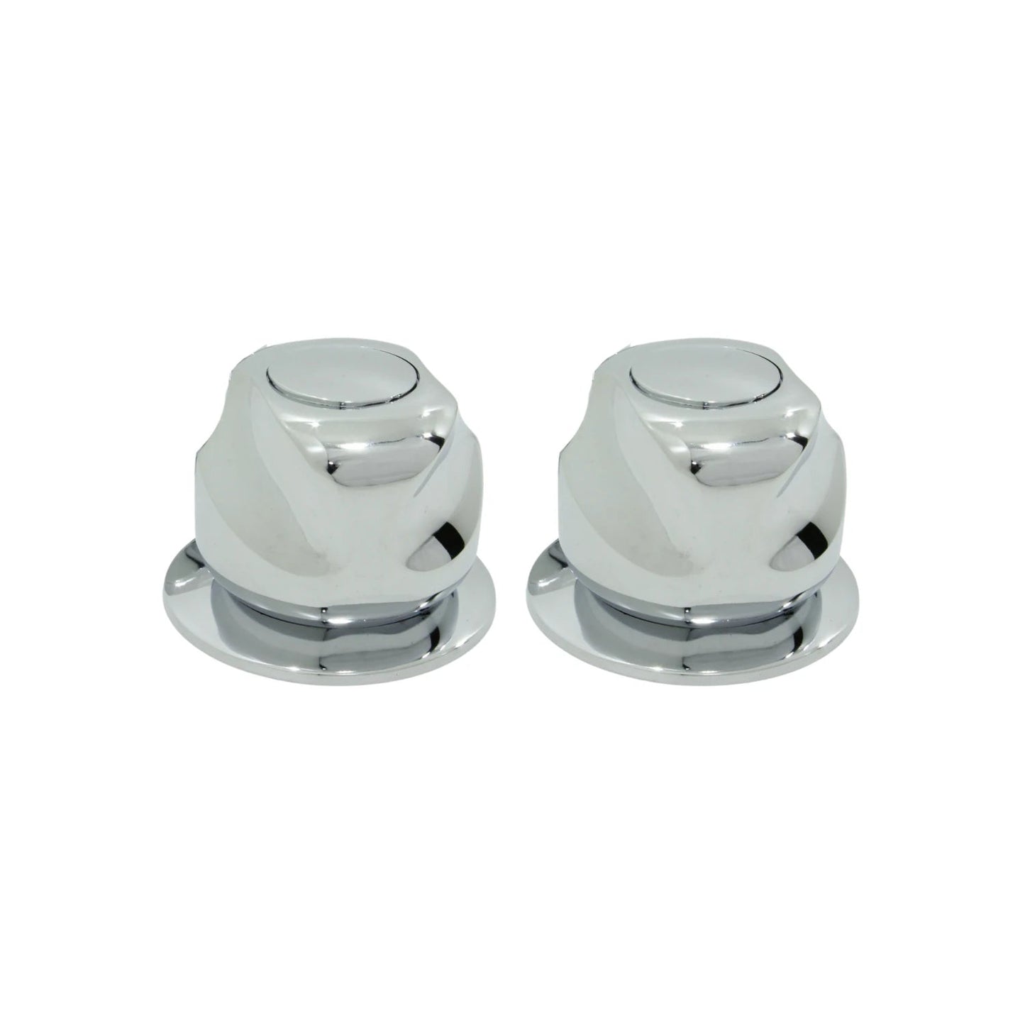 Par de manerales cromados para regadera, acabado espejo, diseño angular con base redonda.