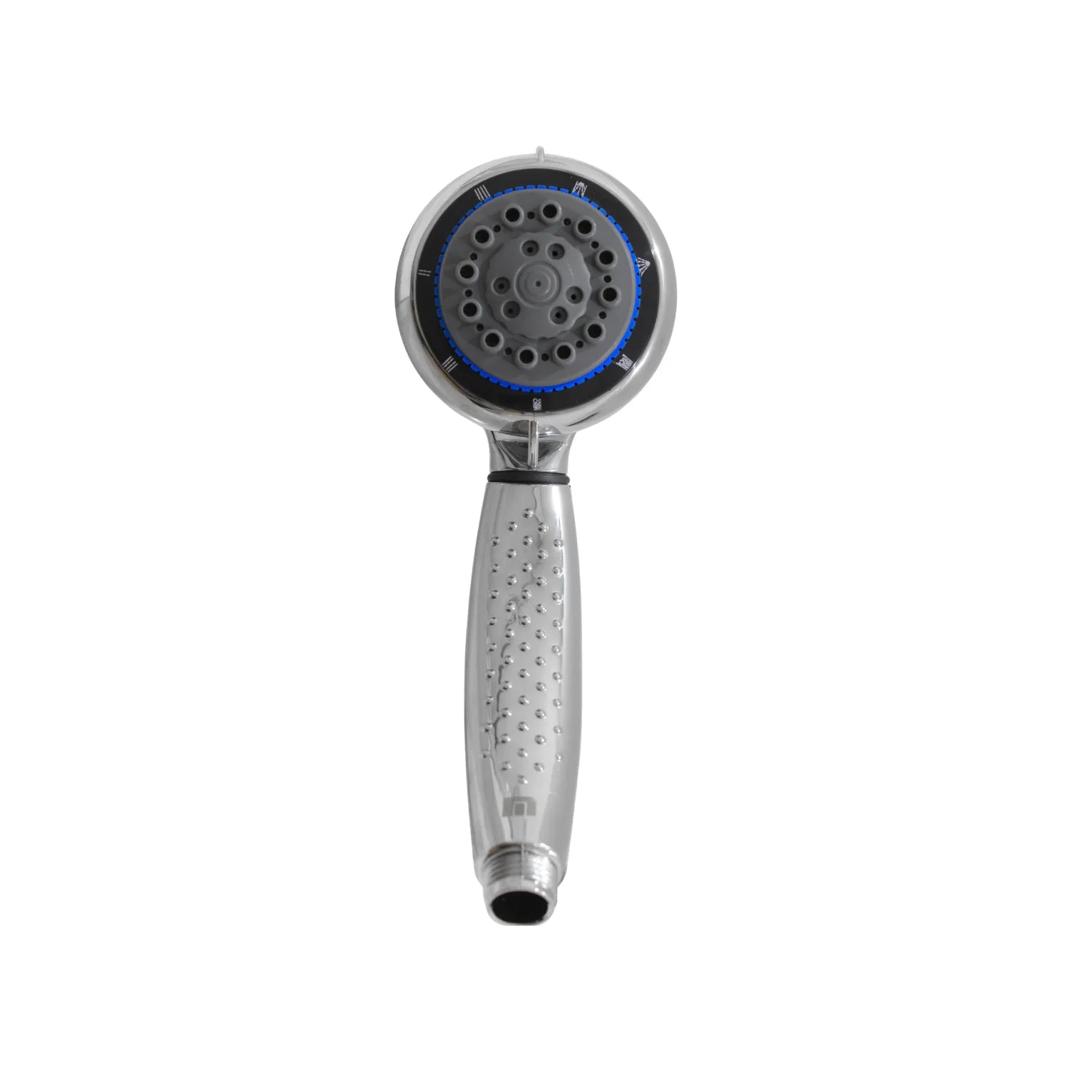 Mango de regadera de mano cromado multifuncional con cabezal ajustable y boquillas de silicona gris.