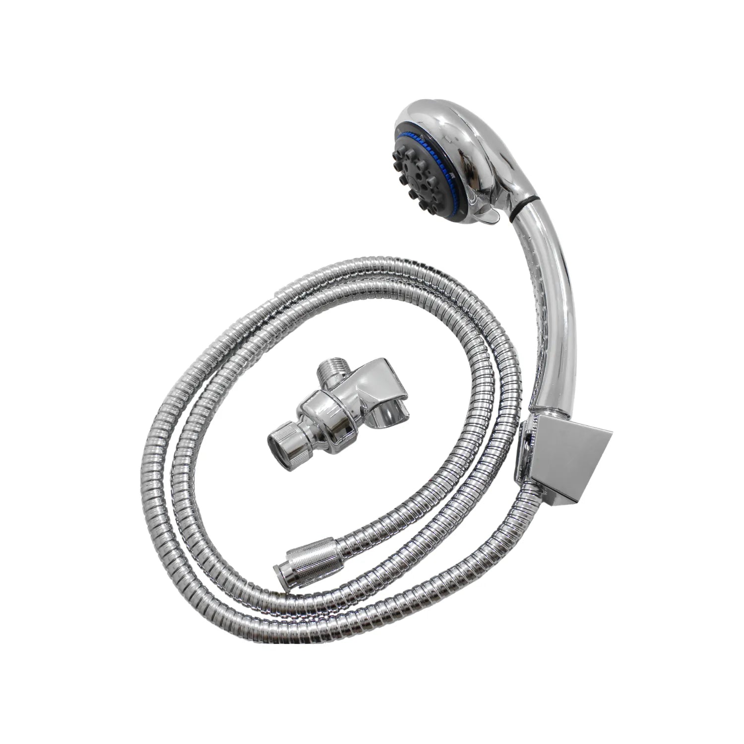 Set de ducha manual cromado con manguera flexible metálica y soporte ajustable para pared de baño.