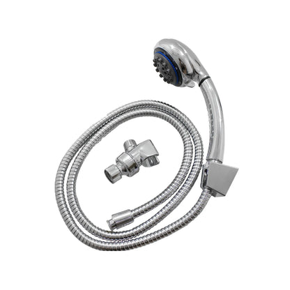 Set de ducha manual cromado con manguera flexible metálica y soporte ajustable para pared de baño.