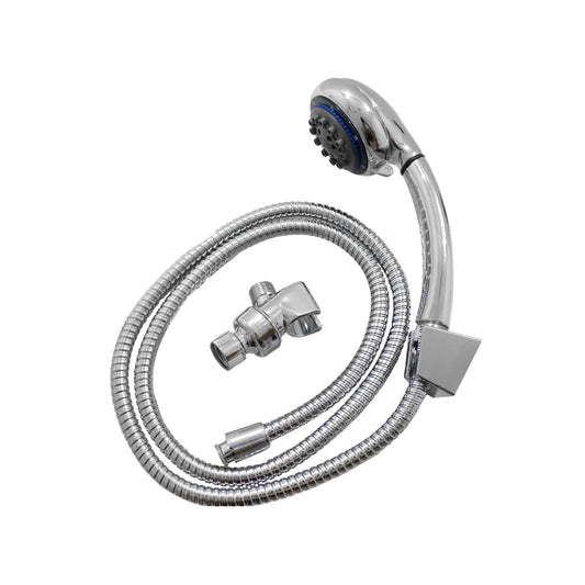 Set de ducha manual cromado con manguera flexible metálica y soporte ajustable para pared de baño.