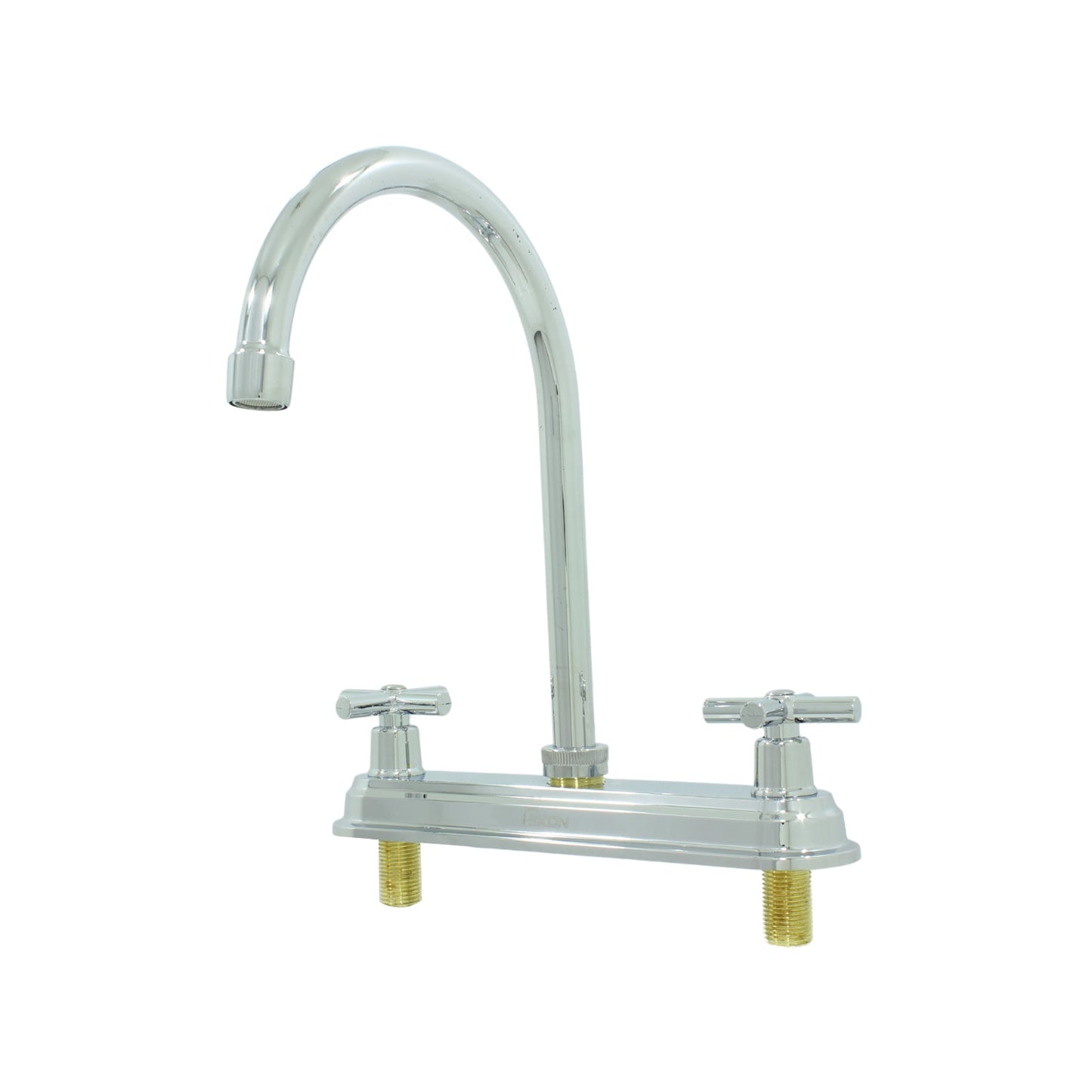 Mezcladora de fregadero cromada con cuello de ganso y dos manijas tipo cruz para cocina