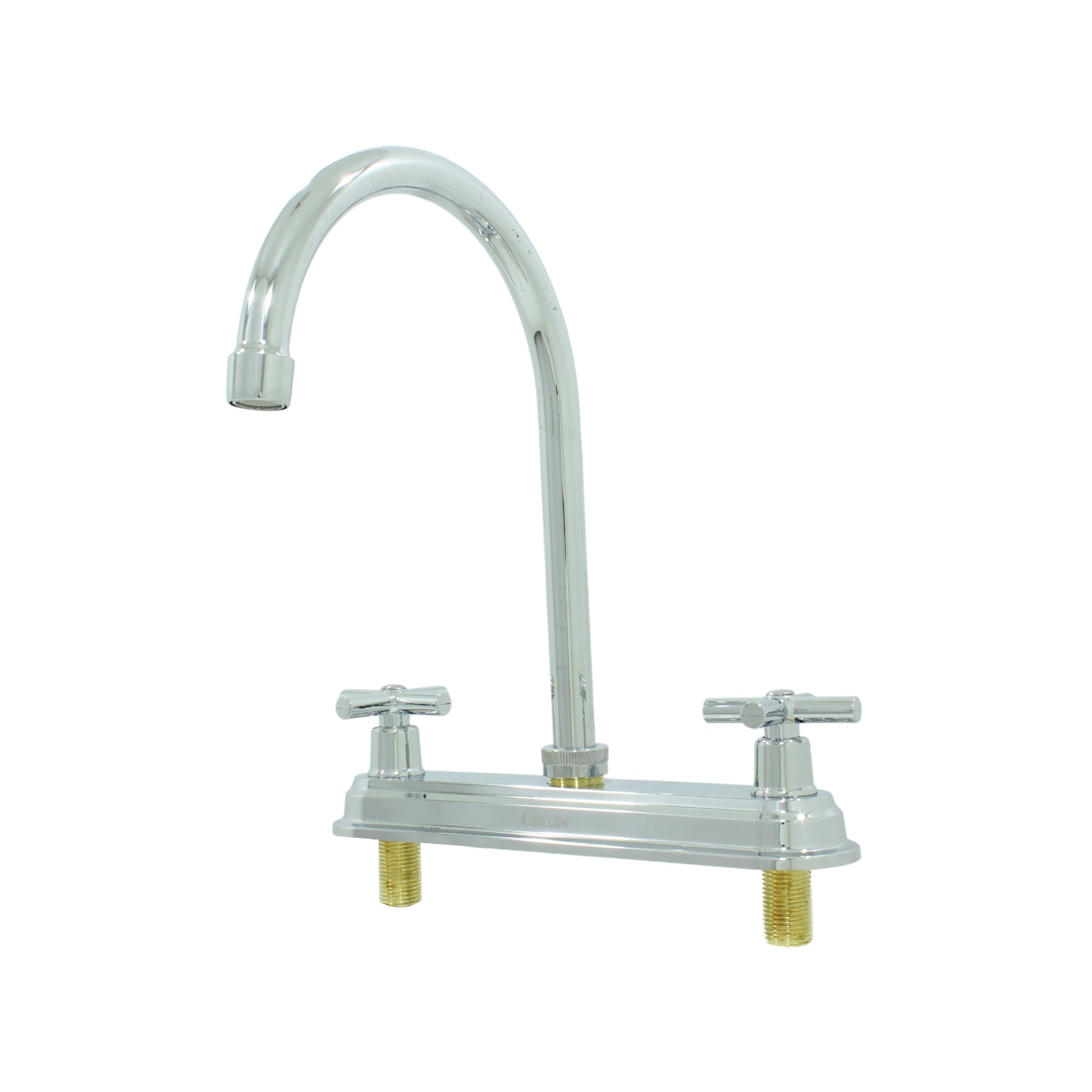 Mezcladora de fregadero cromada con cuello de ganso y dos manijas tipo cruz para cocina
