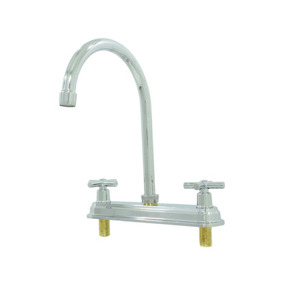 Mezcladora de fregadero cromada con cuello de ganso y dos manijas tipo cruz para cocina
