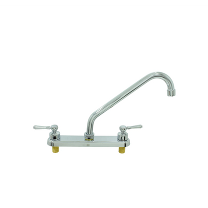 Mezcladora de fregadero cromada para cocina con cuello de ganso y dos manerales de palanca, montaje sobre cubierta.