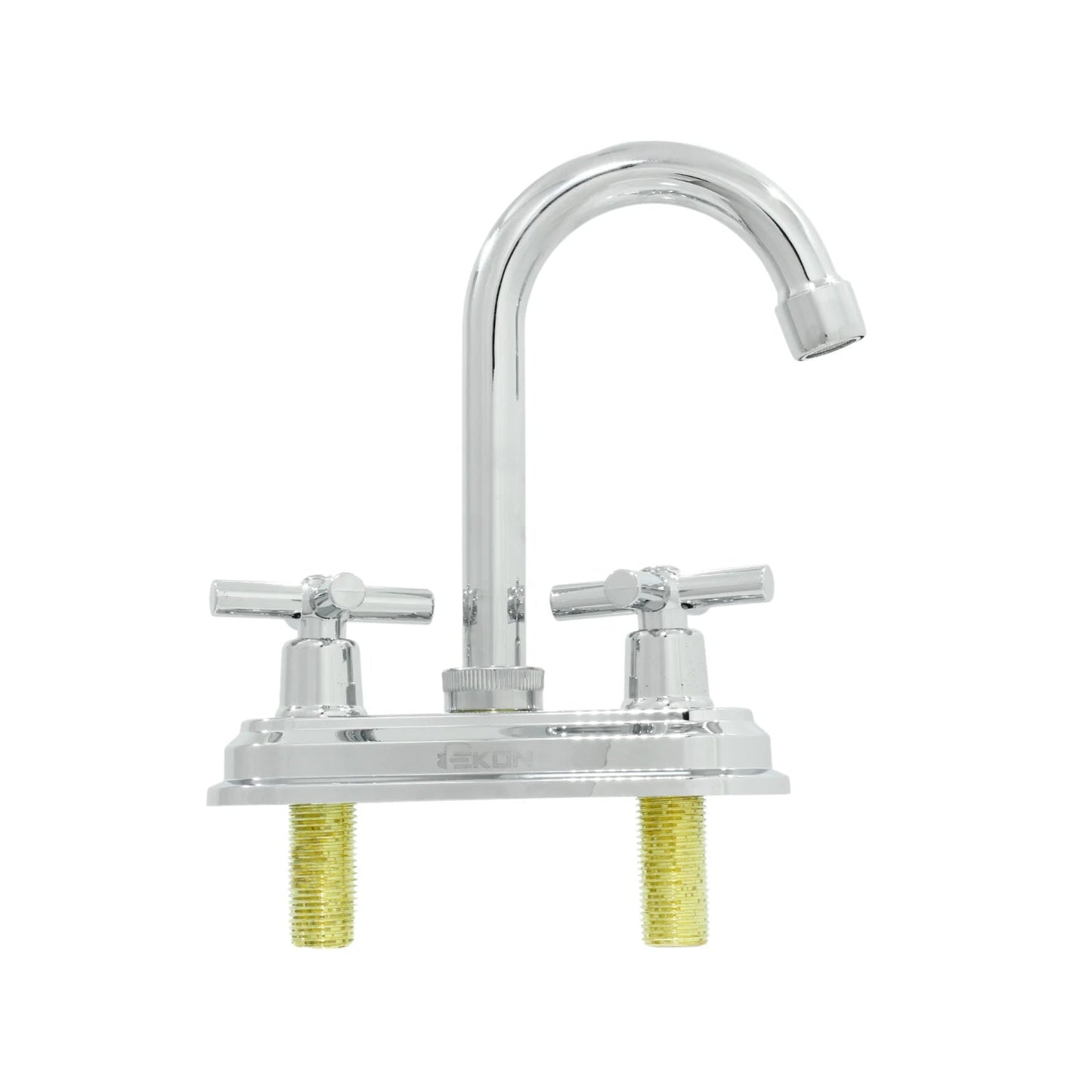 Mezcladora de lavabo bimanual Ekon, acabado cromo brillante, caño curvo con manijas en cruz.