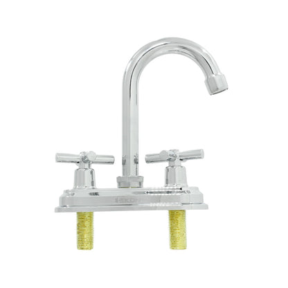 Mezcladora de lavabo bimanual Ekon, acabado cromo brillante, caño curvo con manijas en cruz.