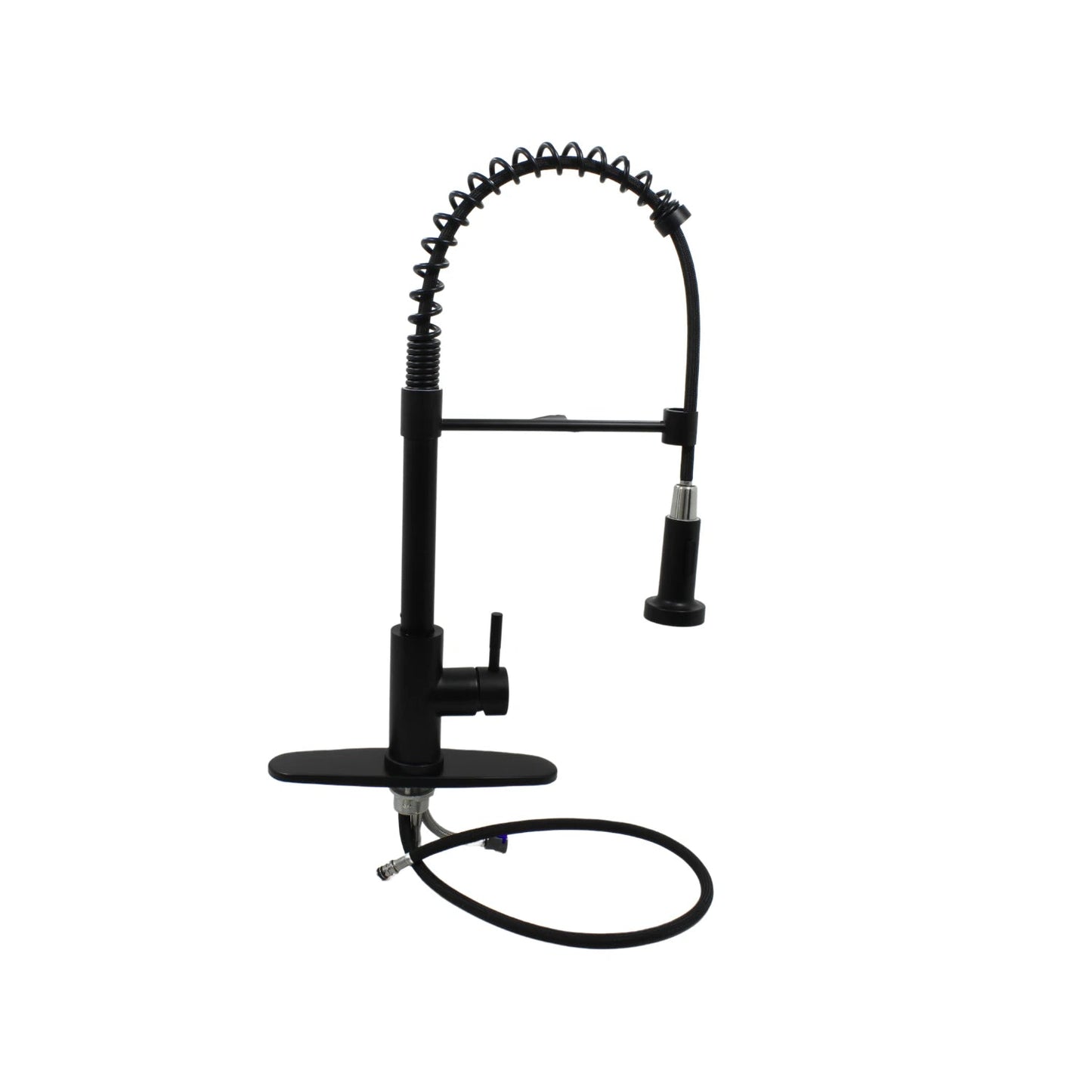 Mezcladora de fregadero monomando negro mate con cuello flexible de resorte y rociador extensible para cocina