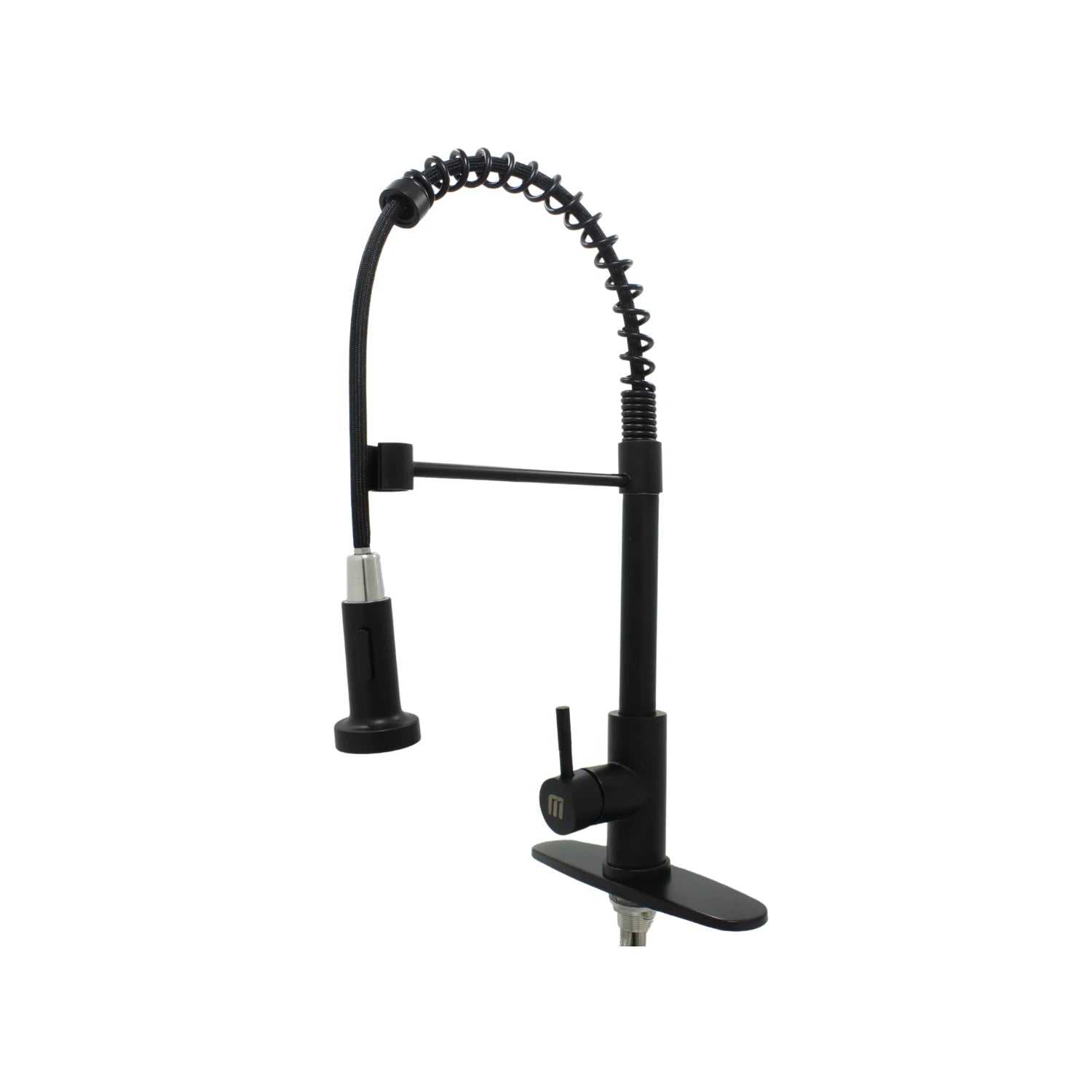 Mezcladora monomando negra mate para fregadero de cocina con rociador extraíble y resorte expuesto.