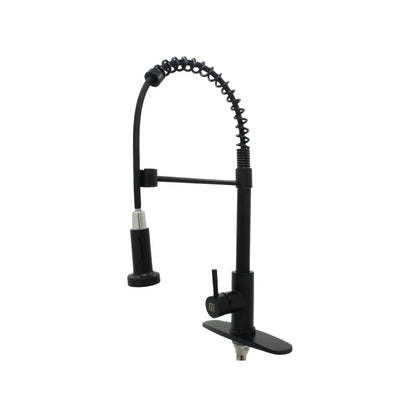 Mezcladora monomando negra mate para fregadero de cocina con rociador extraíble y resorte expuesto.