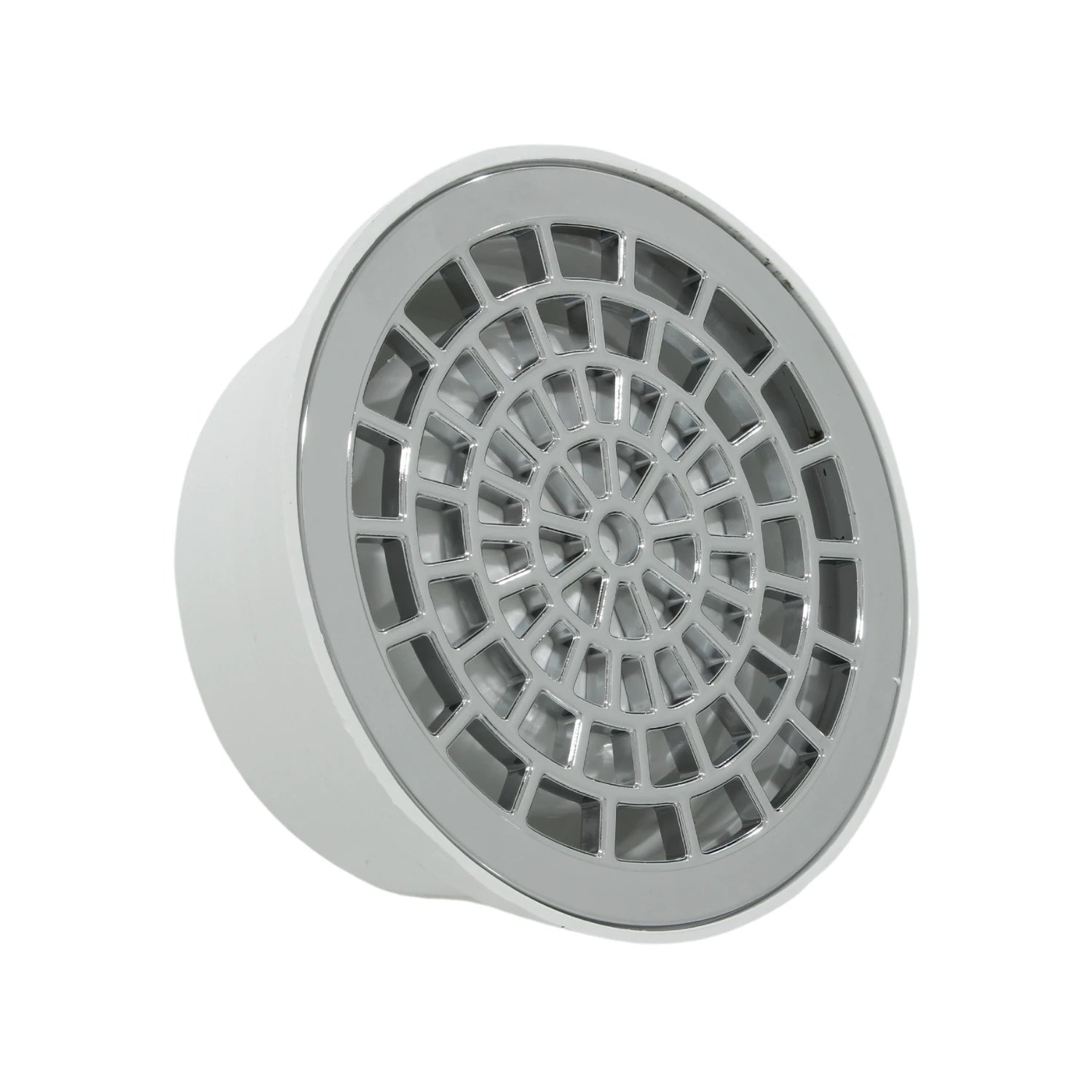 Coladera universal de piso con rejilla cromada redonda y cuerpo blanco para desagüe