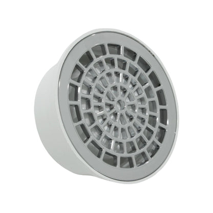 Coladera universal de piso con rejilla cromada redonda y cuerpo blanco para desagüe