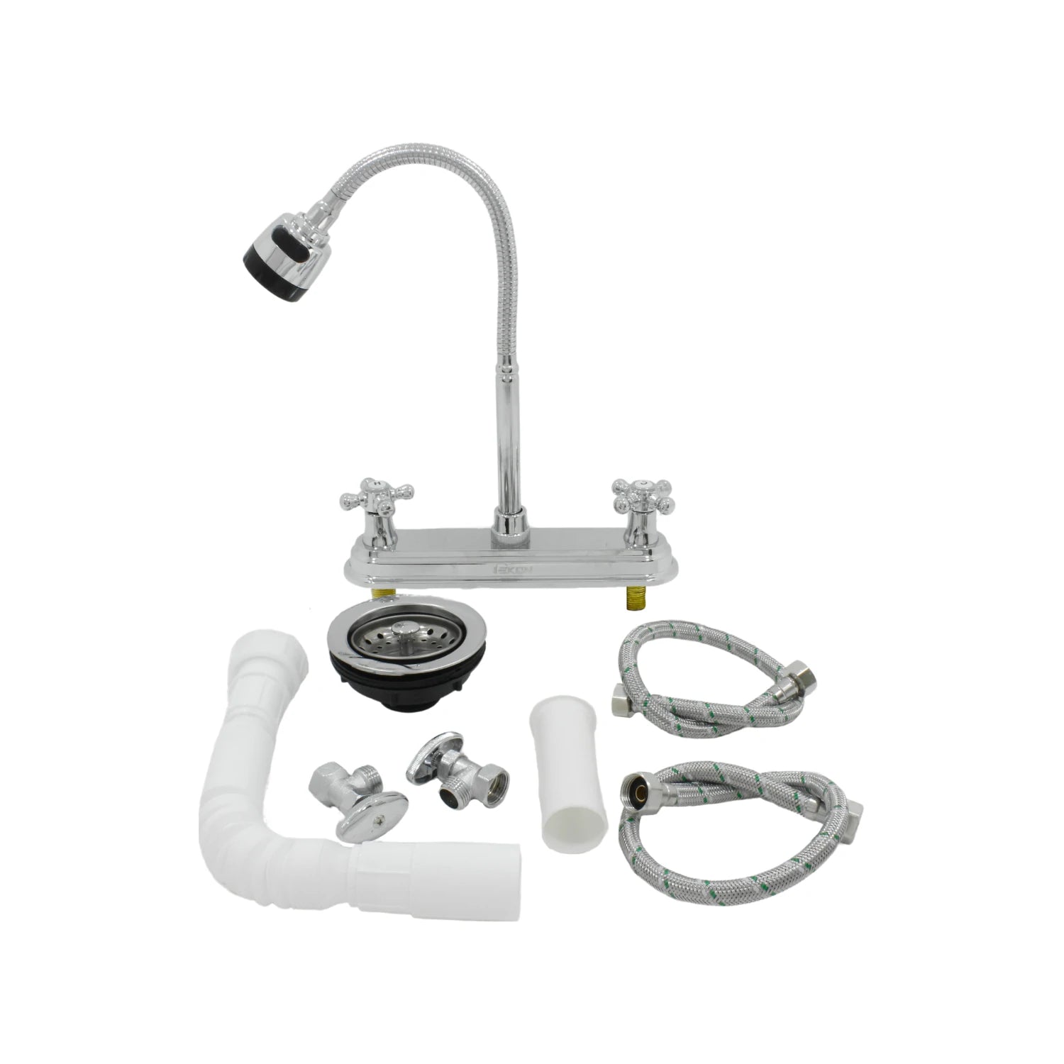 Kit mezcladora EKON para cocina flexible cromada, manerales cruz, desagüe, cespol flexible y mangueras de abasto