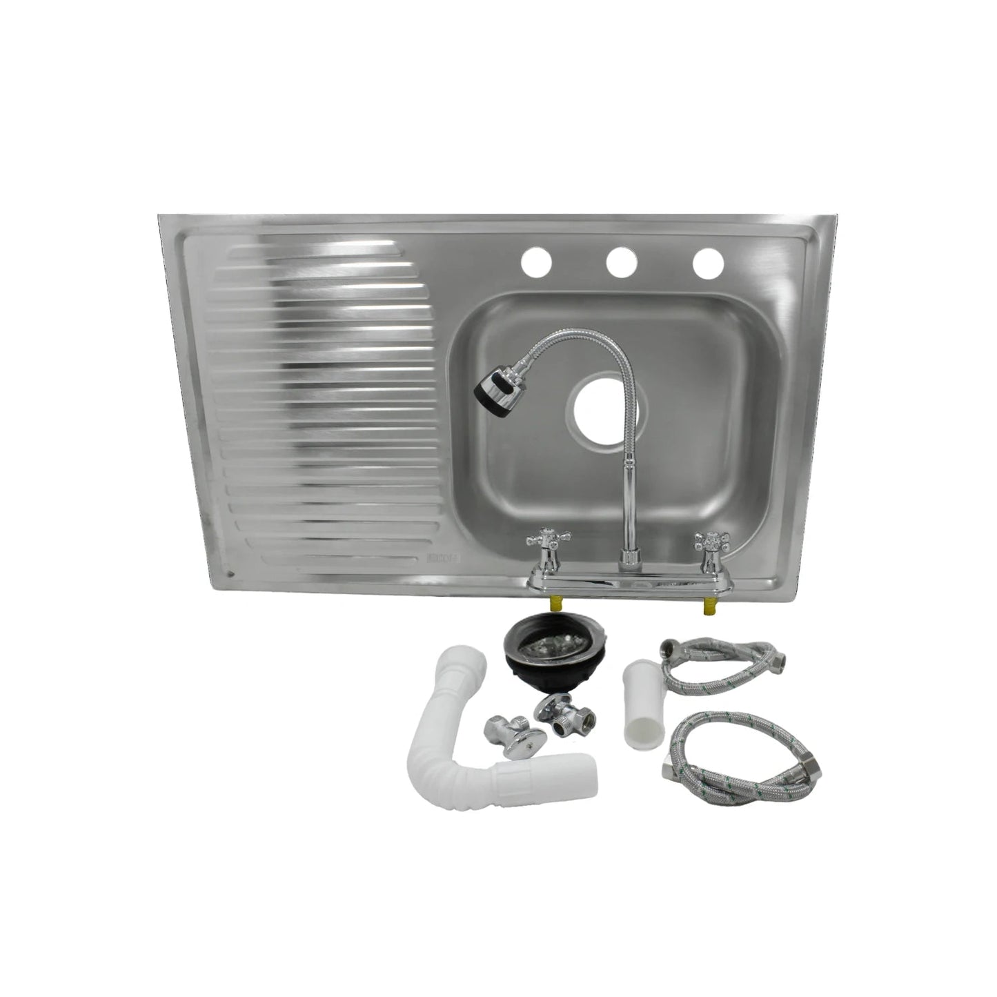 Tarja de acero inoxidable con escurridor izquierdo y mezcladora de cocina flexible, incluye accesorios de plomería.