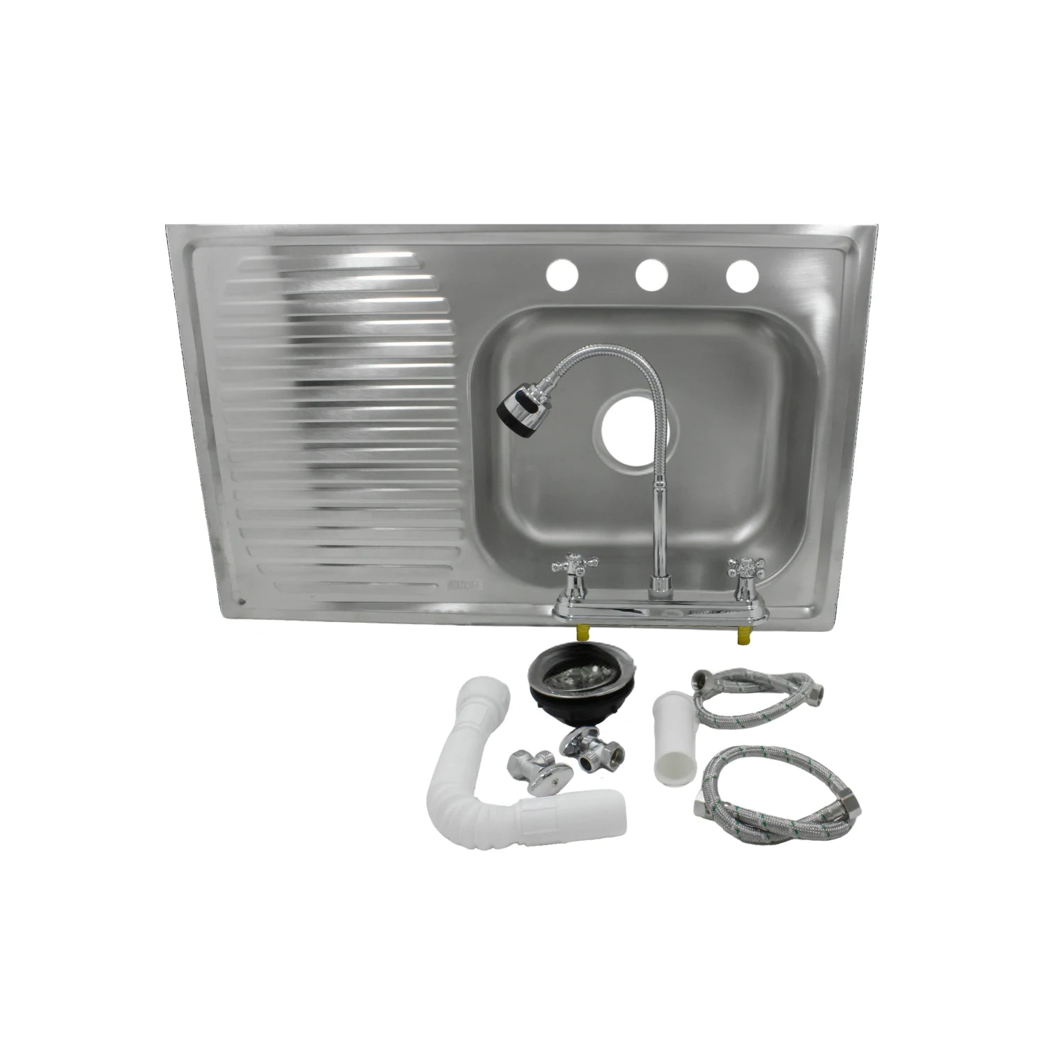Tarja de acero inoxidable con escurridor izquierdo y mezcladora de cocina flexible, incluye accesorios de plomería.