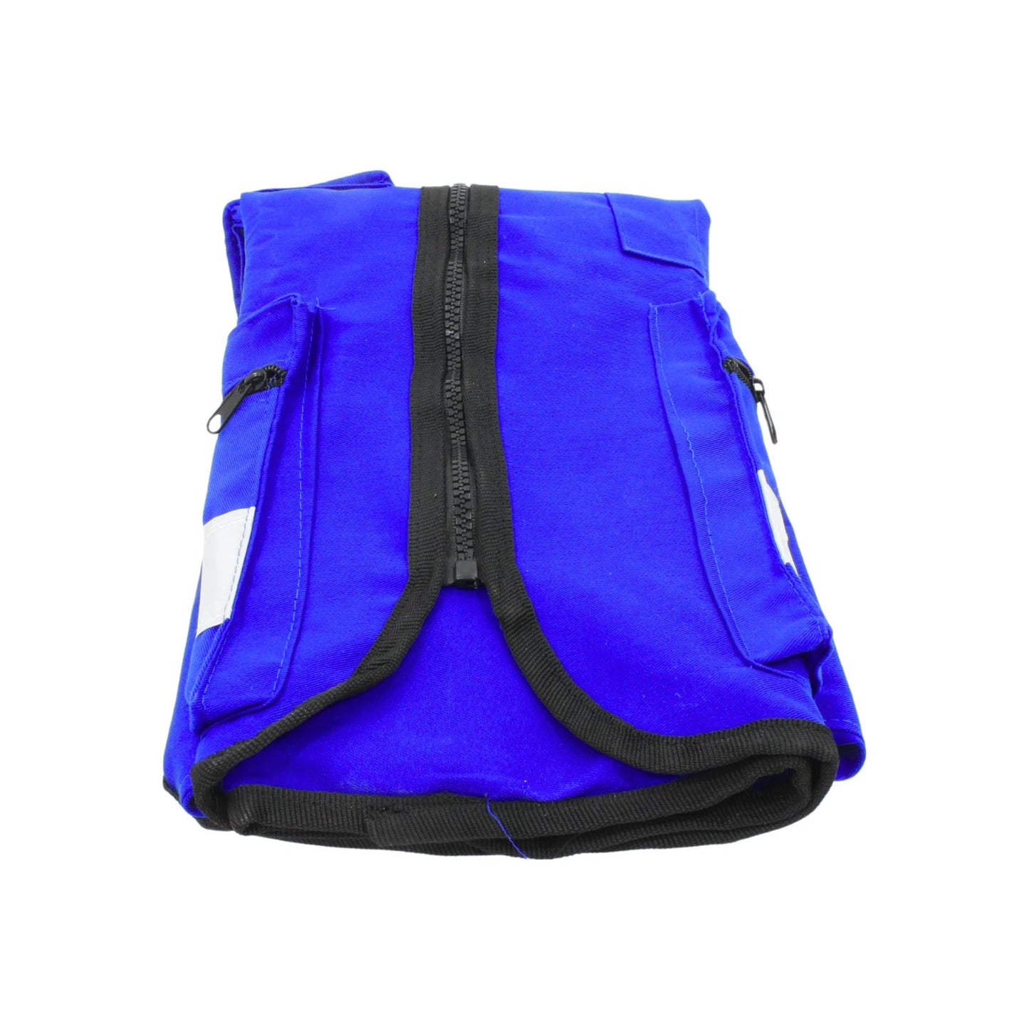 Chaleco de seguridad azul rey con cierre de cremallera y tiras reflectantes blancas para alta visibilidad