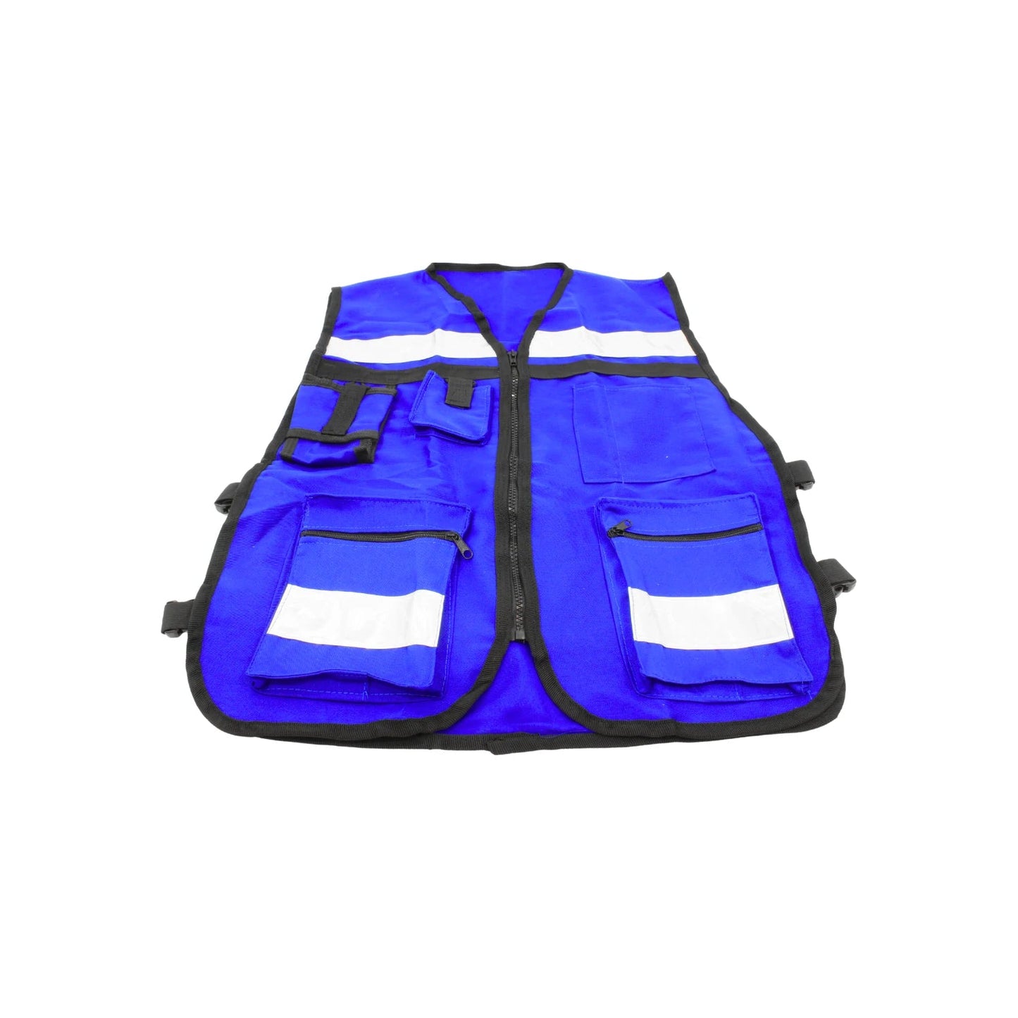 Chaleco de seguridad azul rey con múltiples bolsillos, cierre de cremallera y franjas reflectantes para alta visibilidad.