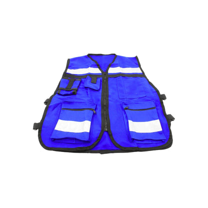 Chaleco de seguridad azul rey con múltiples bolsillos, cierre de cremallera y franjas reflectantes para alta visibilidad.