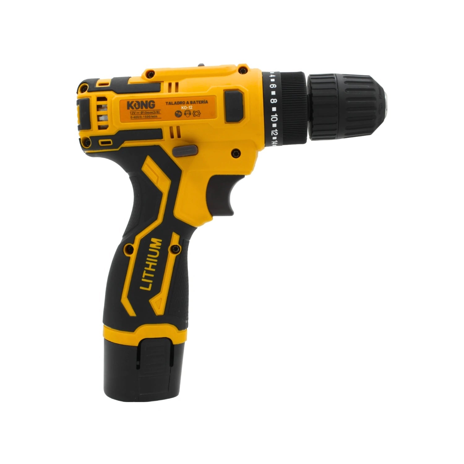 Taladro atornillador inalámbrico KONG KO-12 12V, mandril 3/8", batería de litio, amarillo y negro.
