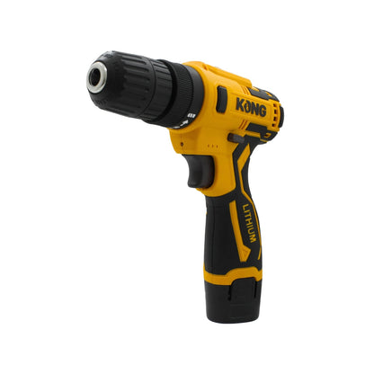 Taladro atornillador inalámbrico KONG amarillo y negro con batería de litio, compacto para uso profesional