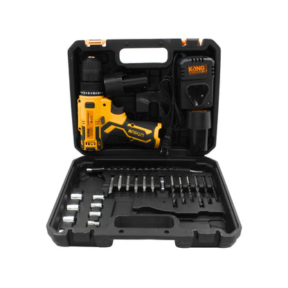 Taladro atornillador inalámbrico Kong 12V 3/8" amarillo y negro, con batería, cargador, brocas y puntas en maletín.