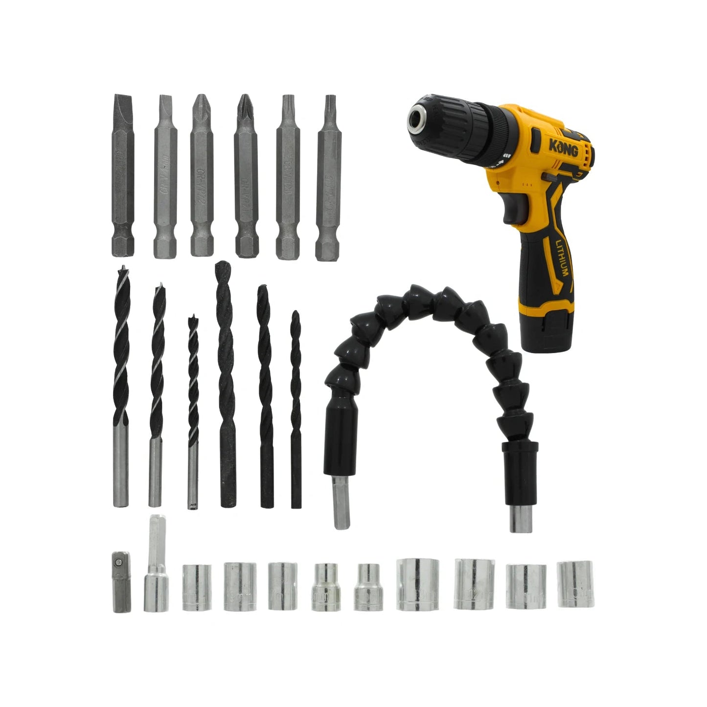 Taladro atornillador inalámbrico Kong 12V amarillo, con batería de litio, juego de brocas, puntas, dados y extensión flexible.