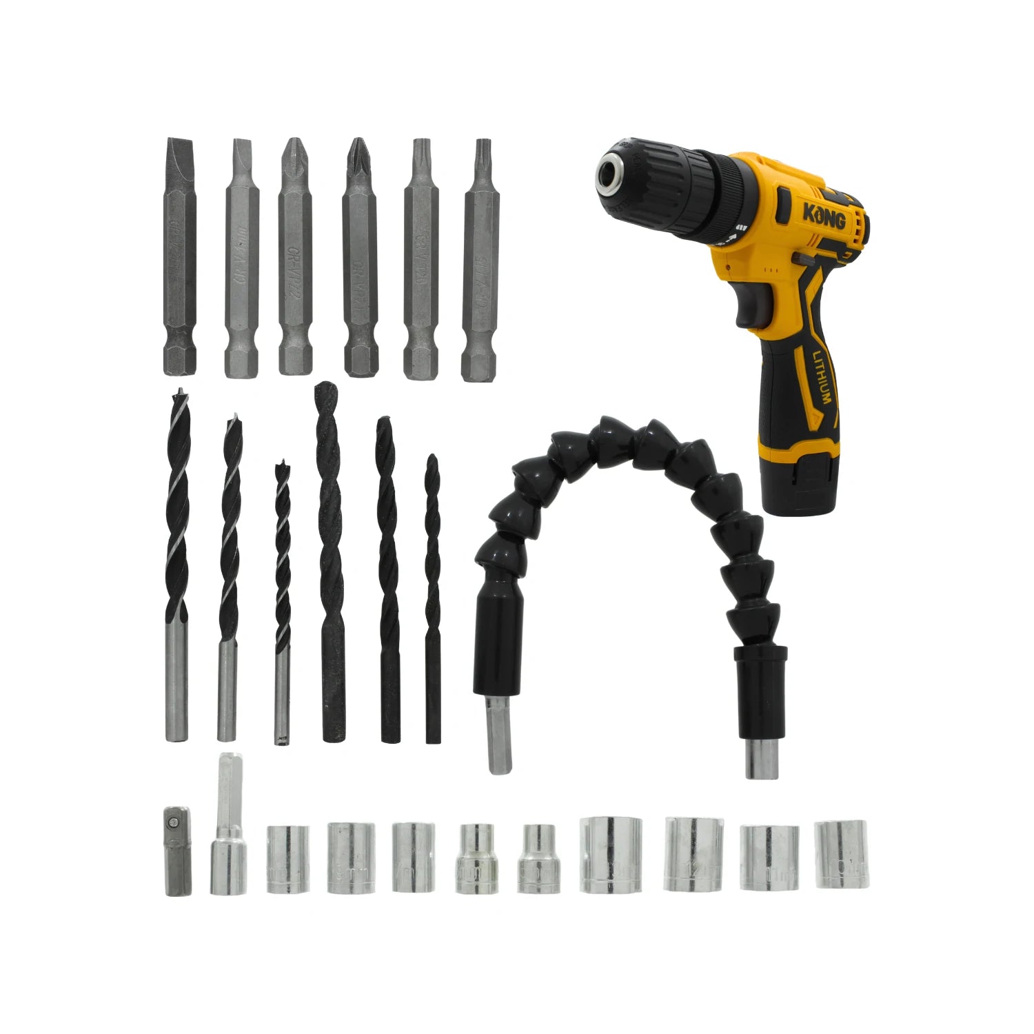 Taladro atornillador inalámbrico Kong 12V amarillo, con batería de litio, juego de brocas, puntas, dados y extensión flexible.