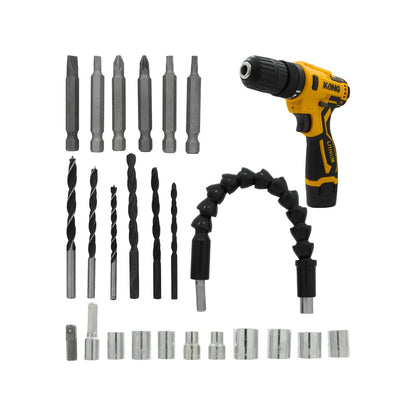 Taladro atornillador inalámbrico Kong 12V amarillo, con batería de litio, juego de brocas, puntas, dados y extensión flexible.