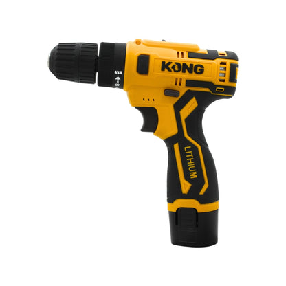 Taladro atornillador inalámbrico Kong 12V con batería de litio, diseño compacto amarillo y negro.