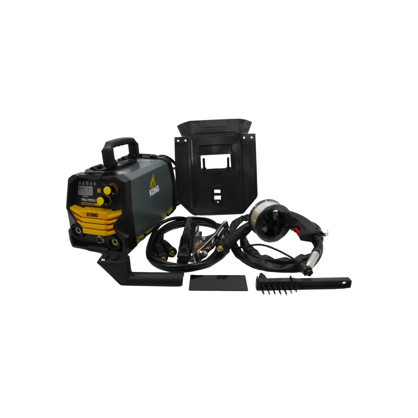 Soldadora inversora multiproceso Kong KOMIG-130A verde y amarilla con antorcha MIG, careta de soldar y cables