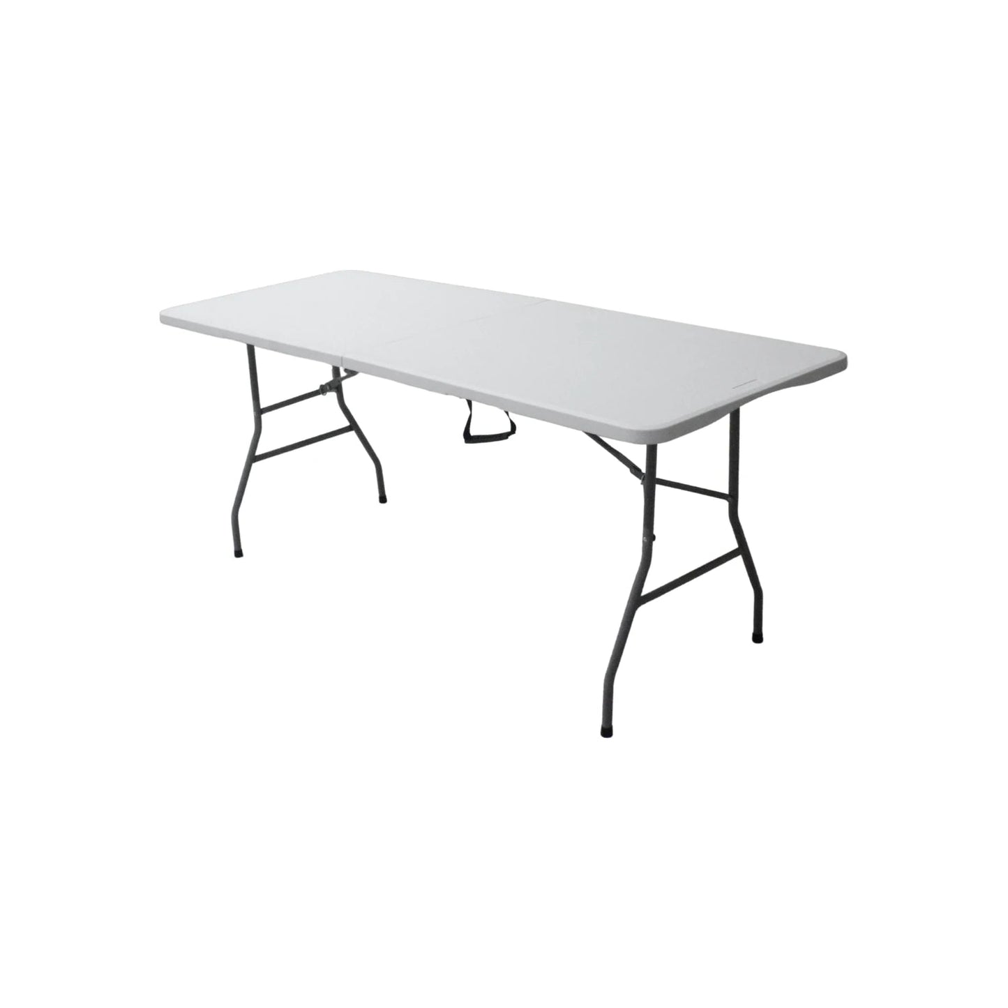 Mesa plegable rectangular blanca de plástico, con patas metálicas grises, ideal para eventos, jardín o uso portátil.
