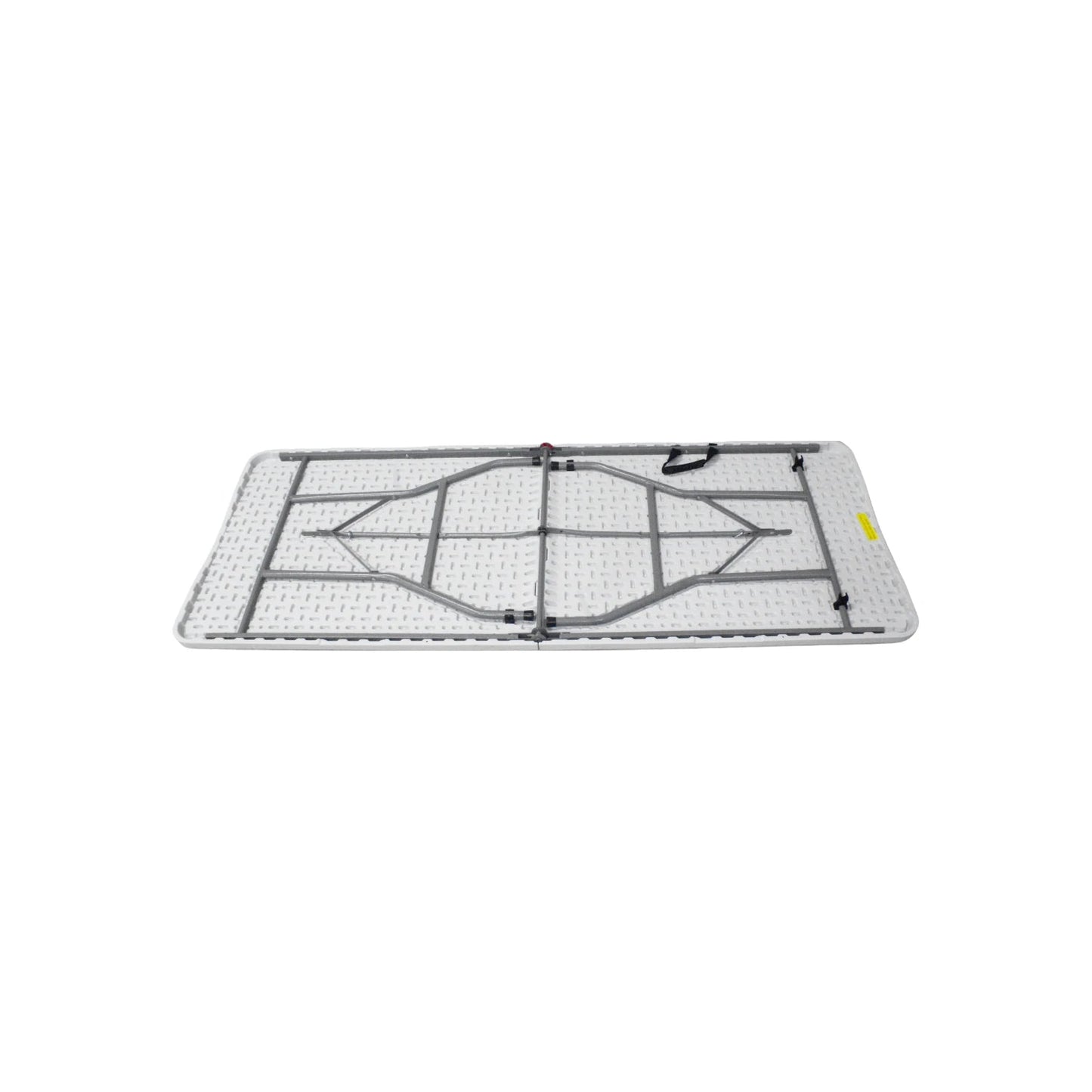 Mesa plegable rectangular blanca, vista inferior con estructura metálica gris y patas plegadas para almacenamiento
