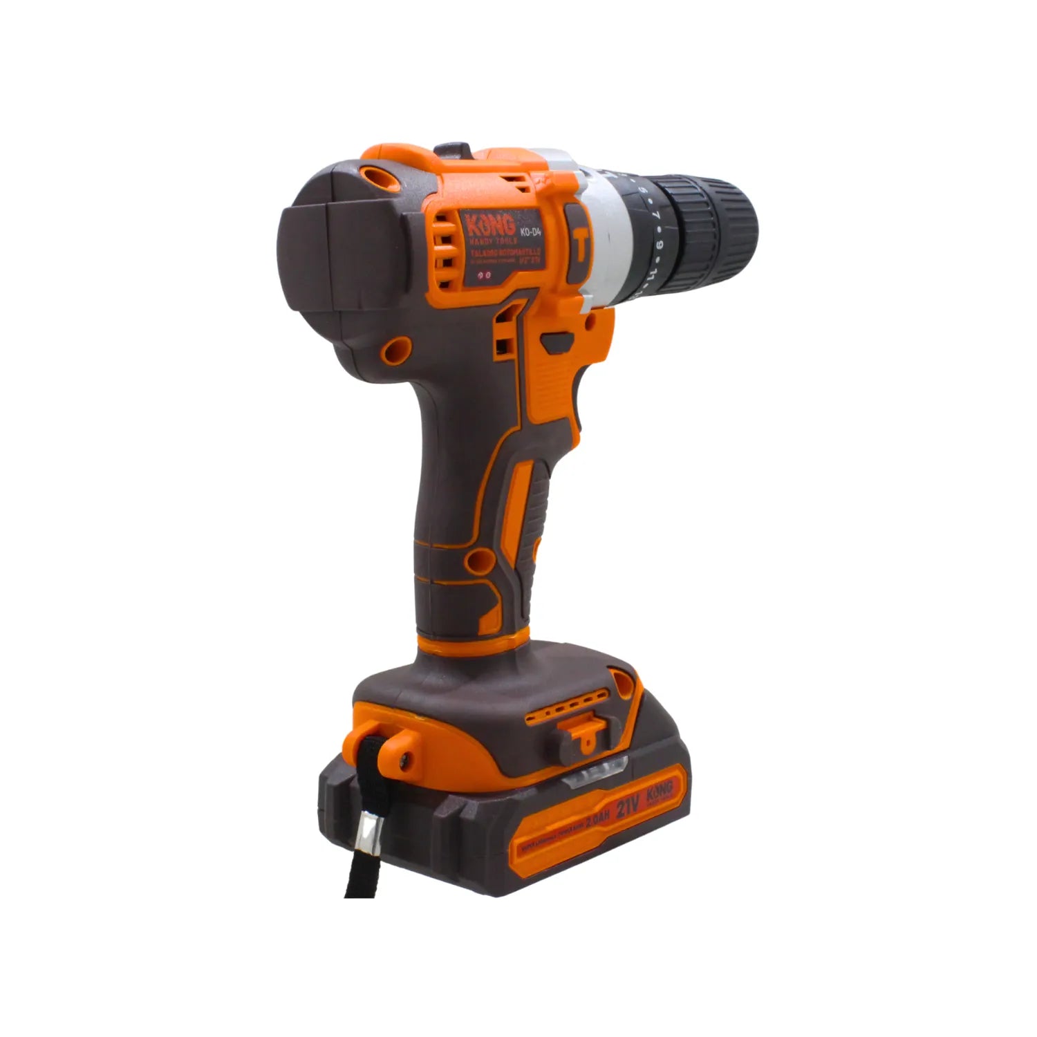 Taladro percutor inalámbrico KONG 21V con batería de litio 2.0Ah color naranja y gris para uso profesional