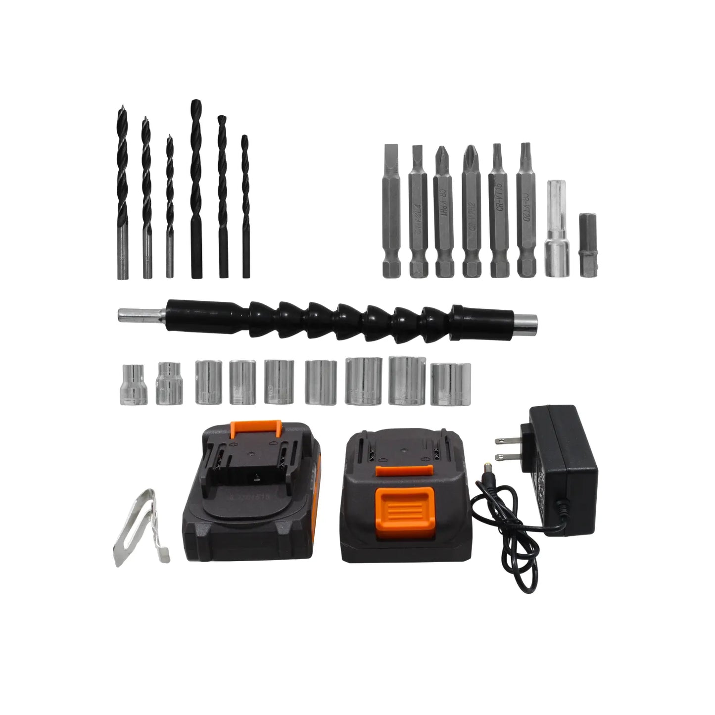 Set de accesorios para taladro con brocas, puntas, dados, extensión flexible, dos baterías de litio y cargador